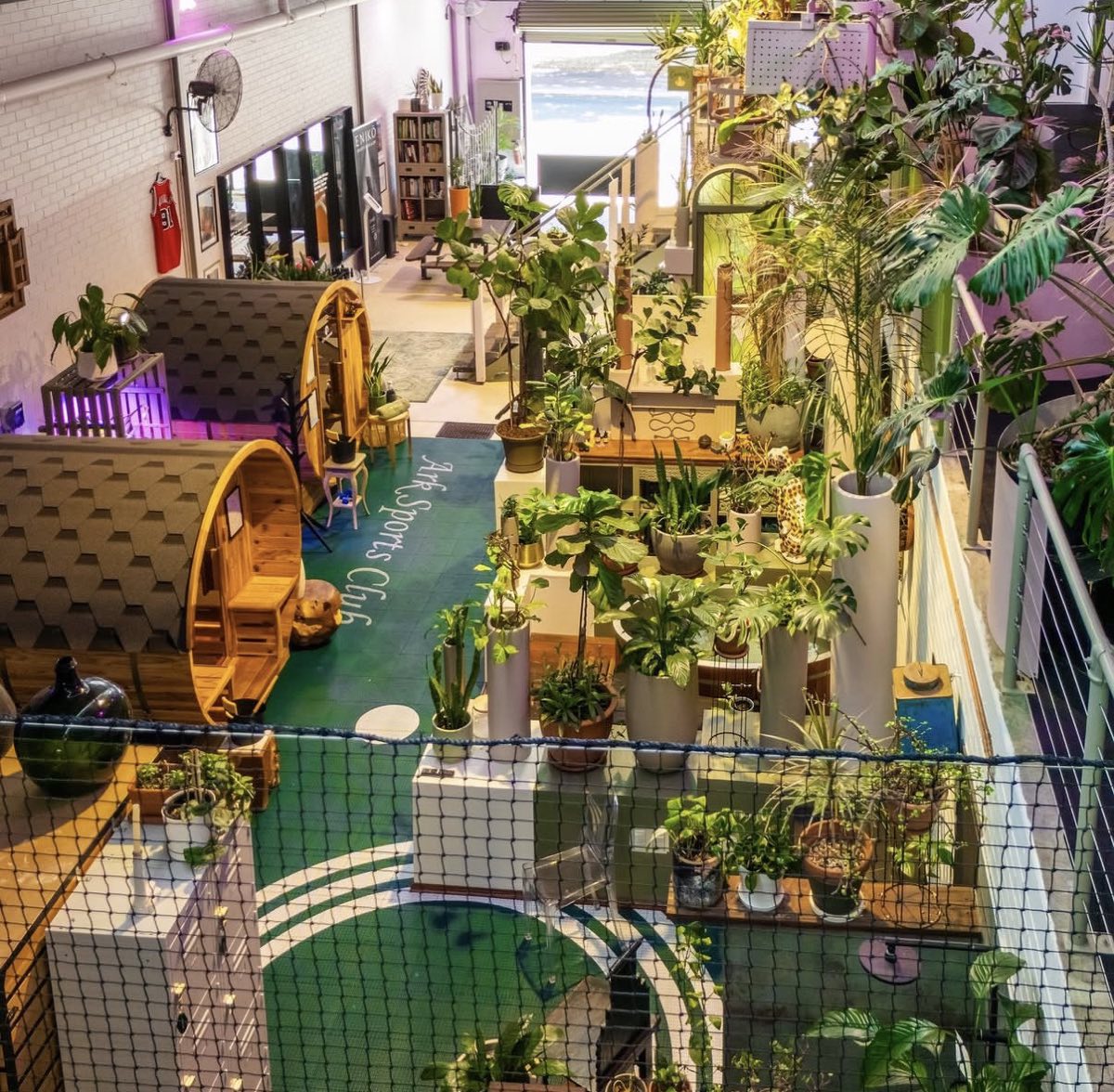 Looking down over Ark — barrel saunas, plants and the green court below